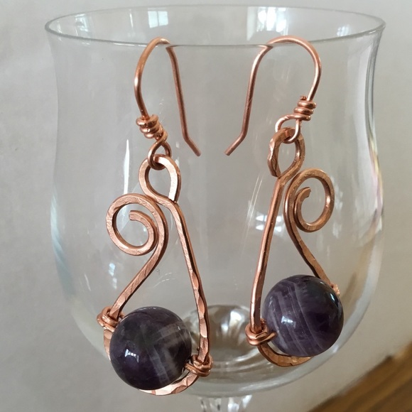 Fiddle Head Earrings - Genuine Amethyst on Copper - Picture 3 of 5